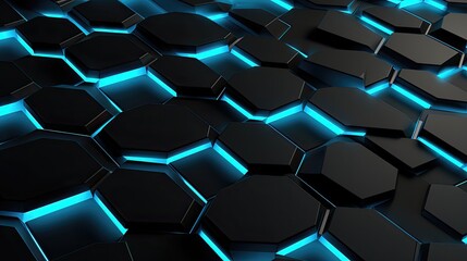 The background has gray polygons with turquoise neon edges in 3D.