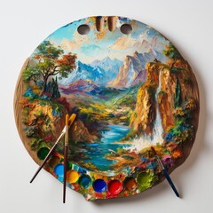 A Painting of a Mountain Landscape With a River Running Through It