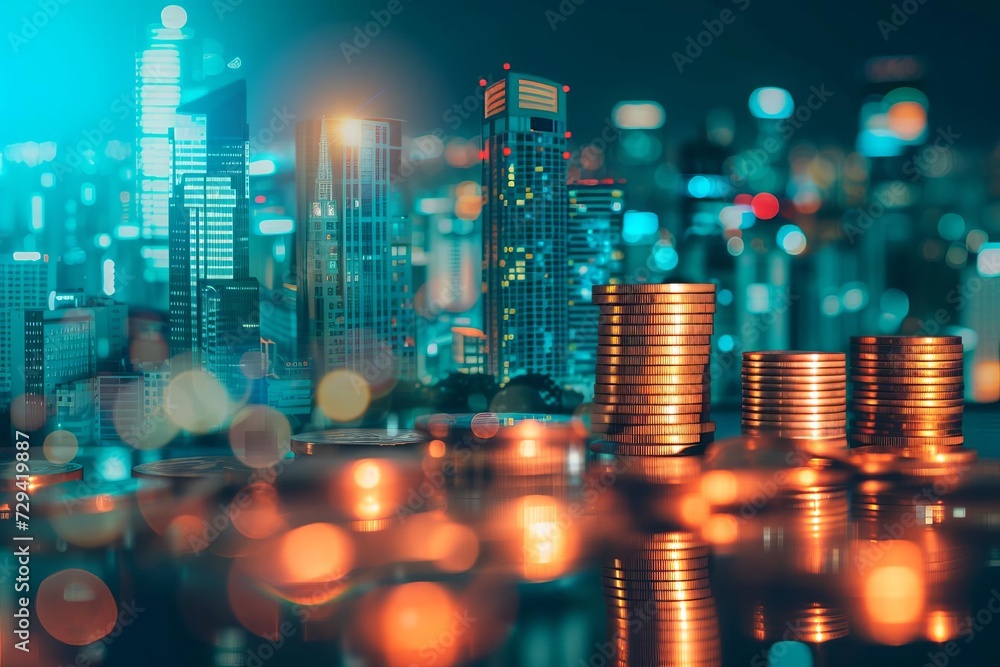 Aufkleber abstract business background with buildings and coins symbolizing the intricate relationship between
