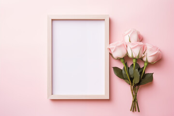 Top view of a blank white frame with flower decoration on a pink background. Photo frame mockup with copy space