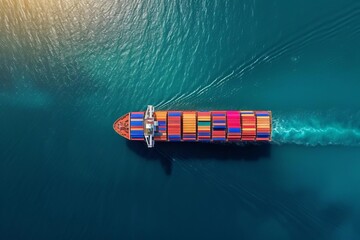 Aerial view of a container cargo ship in the sea Representing the global scale of maritime trade and the vital role of shipping in international commerce - obrazy, fototapety, plakaty