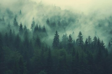 Atmospheric vintage landscape featuring a mist-enveloped fir forest Invoking a sense of nostalgia and mysterious allure with its retro-inspired aesthetic
