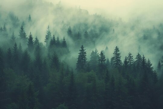 Atmospheric vintage landscape featuring a mist-enveloped fir forest Invoking a sense of nostalgia and mysterious allure with its retro-inspired aesthetic © Bijac