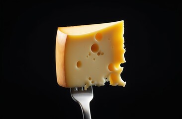 Metallic fork with cheese on black background
