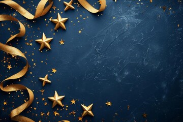 Christmas and new year festive background Featuring golden stars and gilded ribbons on a navy blue background Symbolizing celebration Elegance And the joy of the holiday season