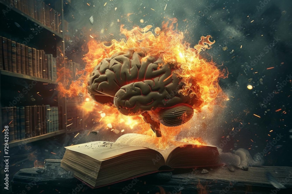 Poster concept art of a human brain exploding with knowledge and creativity depicting a mind overflowing wi