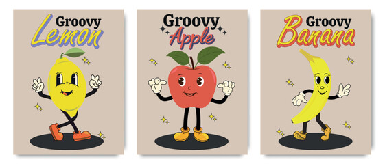 Fototapeta premium Vector collection of bright, groovy 70s posters. Retro posters with funny cartoon characters. Cartoon lemon, apple and banana in a groovy style.