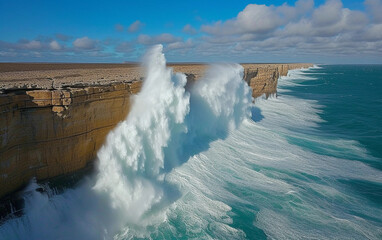 A Large Wave Crashes Into a Cliff Near the Ocean