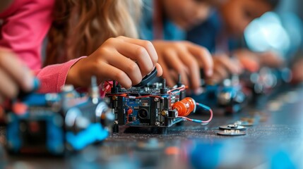Kids Engaged in Hands-On Electronics Project, Children's hands working on an intricate electronics board, learning about circuits and engineering in a STEM activity.