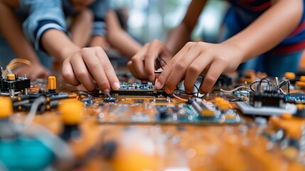 Kids Engaged in Hands-On Electronics Project, Close-up of children's hands assembling a simple robot kit for a science project
