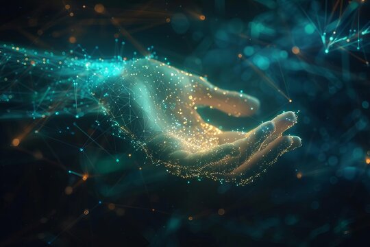 Digital hand hologram on a dark background Symbolizing the intersection of humanity and technology And the potential of artificial intelligence and neural network connections