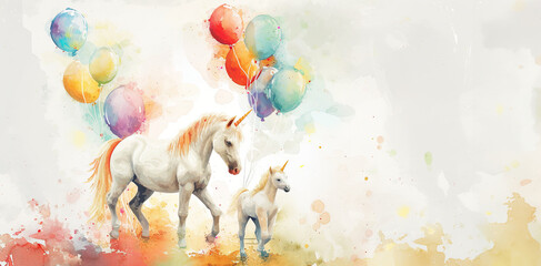 Watercolor banner of a white unicorn and its mother with birthday balloons
