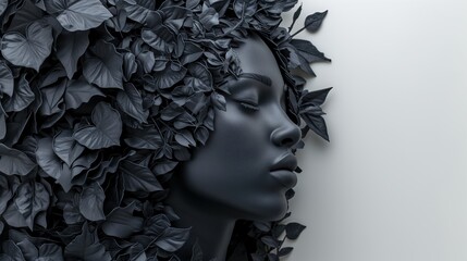 Black 3D Sculpture of Woman with Closed Eyes, Leaves in Hair: Blank White Background