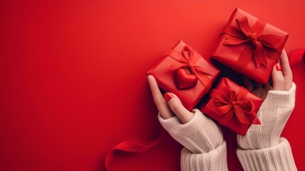 Hands in white gloves holding red gift boxes against a red backdrop. festive mood, holiday giving concept. ideal for greeting cards. AI