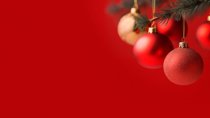 Red Christmas balls on a red background, banner, New Year or Christmas. Christmas tree decorations, blurred spruce branch, space for text