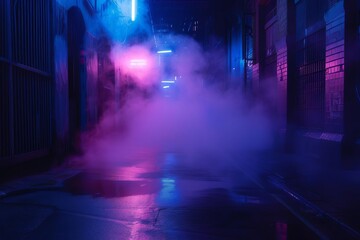 Mysterious dark empty street with a dark blue ambiance Neon lights And spotlights Enhanced by rising smoke Creating a dramatic and atmospheric night scene