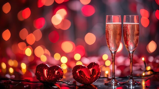 Romantic celebration with toasting champagne glasses and tender red hearts. perfect for valentine's day or anniversary. bokeh light effect. AI