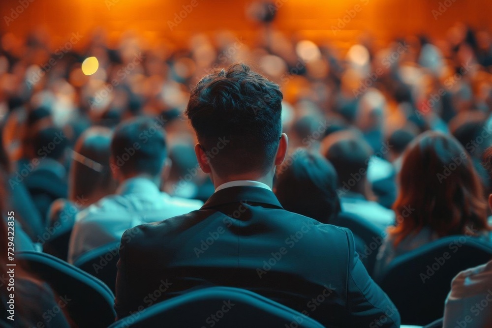Poster rear view of a diverse audience in a conference hall focusing on a speaker during a business event r