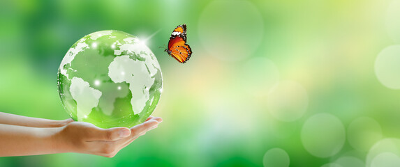Globe crystal glass ball in hand with butterfly. Green Sunny background with bokeh. World mental health and World earth day. Saving environment and World Ecology Concept.