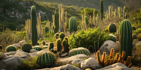 Sunlit cacti in arid landscape at dusk. vibrant desert scenery for background use. peaceful nature scene with warm light. AI - obrazy, fototapety, plakaty