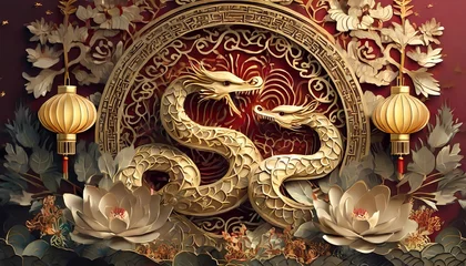 Rolgordijnen Happy Chinese New Year 2025, year of the snake, Chinese zodiac, animals © Gabriella88