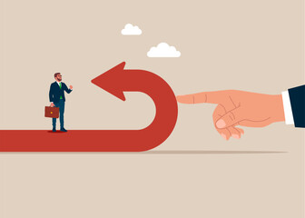 Obraz premium Hand businessman pushes back red arrow symbol. Purchase stock when price drop. Make profit from market collapse. Modern vector illustration in flat style.