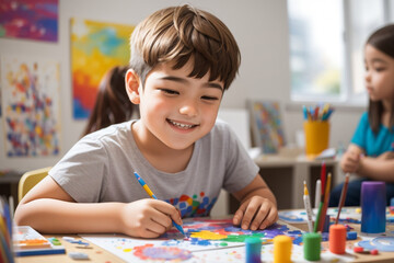 Radiating positivity, this stock photo captures a smiling, focused kid with autism actively engaged in an art therapy session. A beautiful portrayal of creativity, expression, and therapeutic joy. 