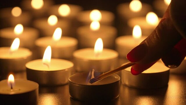 A multitude of burning candles. A match is touched to one candle and a warm flame is lit in its flame. The mysterious atmosphere make this shot attractive for advertising and design projects.