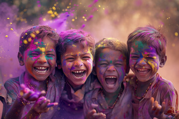 Four joyful Indian boys with colored powder on their faces celebrate the festival of Holi. - obrazy, fototapety, plakaty