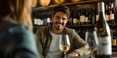 Smiling man enjoying wine in a cozy bar. casual and relaxed atmosphere captured. perfect for lifestyle and leisure content. authentic style scene. AI - obrazy, fototapety, plakaty
