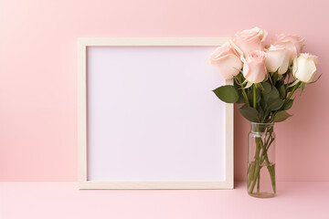 Blank white frame mockup with flower decoration against pink background. Photo frame mockup with copy space