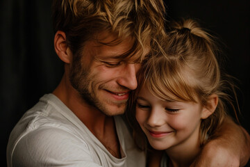 Happy young blond father hugs his daughter. Father's day concept.