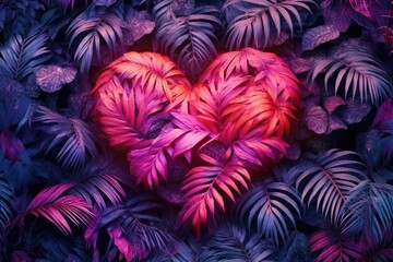 
Neon pink heart shape on floral background botanical