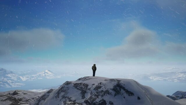 A Person Standing On Top Of A Snow Covered Mountain. Cold Snowy Landscape Aerial View, Unreal 4K A Screenshot. Zoom In Past Person
