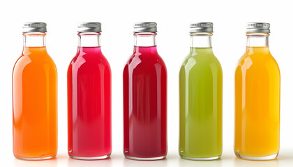 Five glass bottles containing different color liquids, without labels or text. Some condense from the cold bottles.