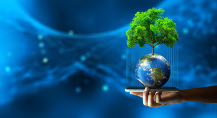 Man hand holding smartphone with Technology Economic. Tree growing on Earth and wireframe...
