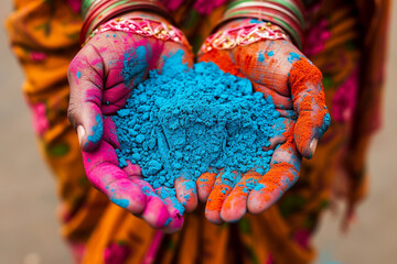 Women's hands in bracelets hold blue powder at the Holi festival.