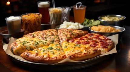 Variety of pizzas with beverages and sides on a dark, rustic restaurant table