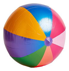 A beach ball with colorful stripes inflated for summer fun.