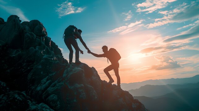 Adventurous climbers reaching the summit at sunset. silhouetted hikers on mountain peak. concept of teamwork and adventure. inspiring outdoor scene. AI