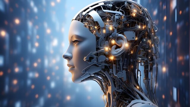 Artificial Intelligence using Machine Learning Generative AI Technology, Abstract futuristic image of a lady called Cyber woman against a backdrop of vast space,