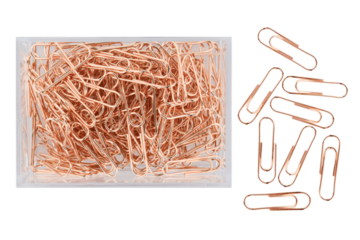 box of rose-gold color paperclips isolated png