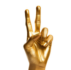 golden painted hand making the peace sign