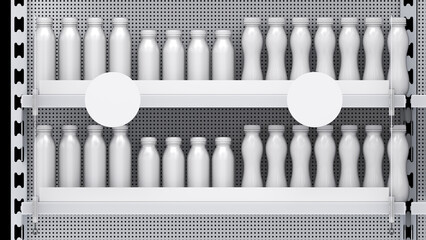 Supermarket grocery shelves with blank dairy goods, bottles, shelf talkers. Design template for mock up. 3d illustration