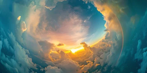 Fotobehang Dramatic sky at sunset captured in a fish eye lens view, offering a unique perspective of nature's beauty. AI © Irina Ukrainets