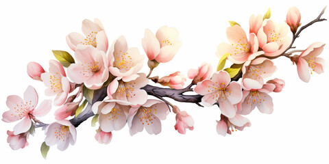 There is a branch of a cherry tree with pink flowers on white background