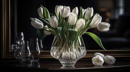 cinematic charm of an elegant tulip bouquet arranged in a crystal vase