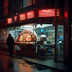 Foto op Plexiglas man passing by a pizza shop © Muhammad
