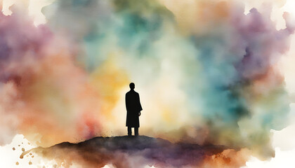 Serenity in Worship: Man's Back View on Watercolor Background