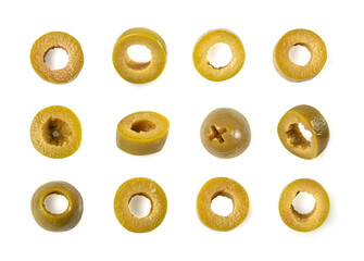 Green Pickled Olive Slices Isolated, Pitted Fermented Olives Pieces, Marinated Mediterranean Snack Cuts